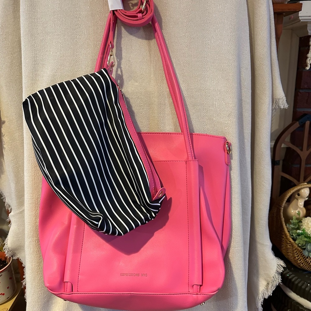 Hot Pink Tote Bag with Striped Pouch